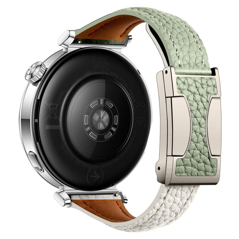 18mm Genuine Cow Leather Strap Garmin Venu 3S / Forerunner 265S / Forerunner 255S Litchi Texture Magnetic Buckle Watch Band - Green+Beige#serie_7
