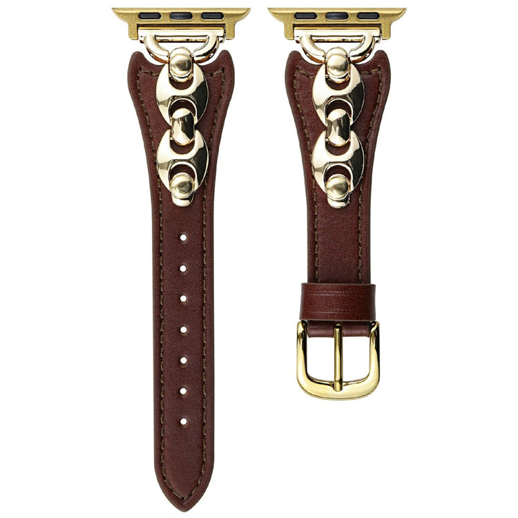Watch Strap Apple Watch Series 10 46mm D-Shaped Metal Ring Leather Band - Dark Brown  /  Gold#serie_3