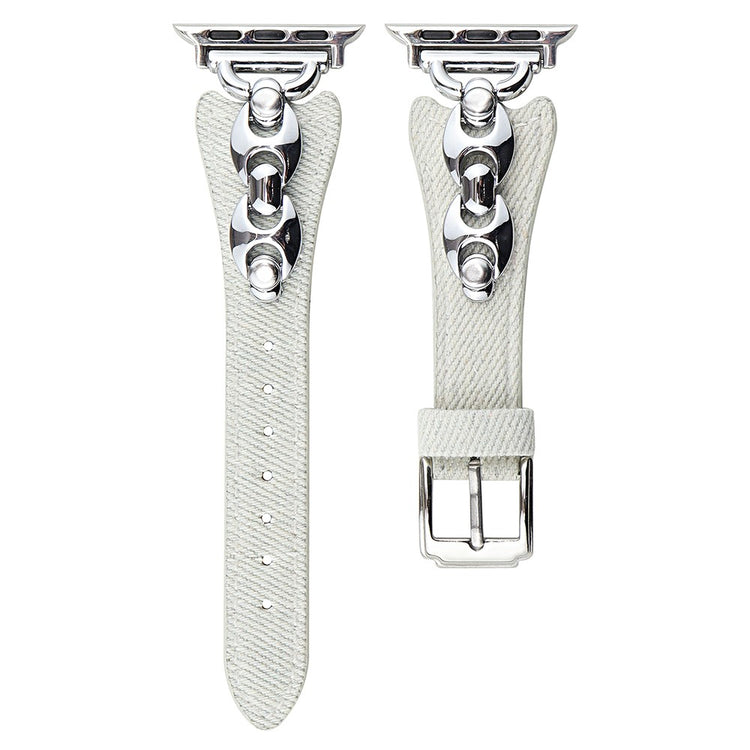 Watch Band Apple Watch Series 10 42mm Metal D-Buckle Denim Leather Strap - White  /  Silver#serie_3