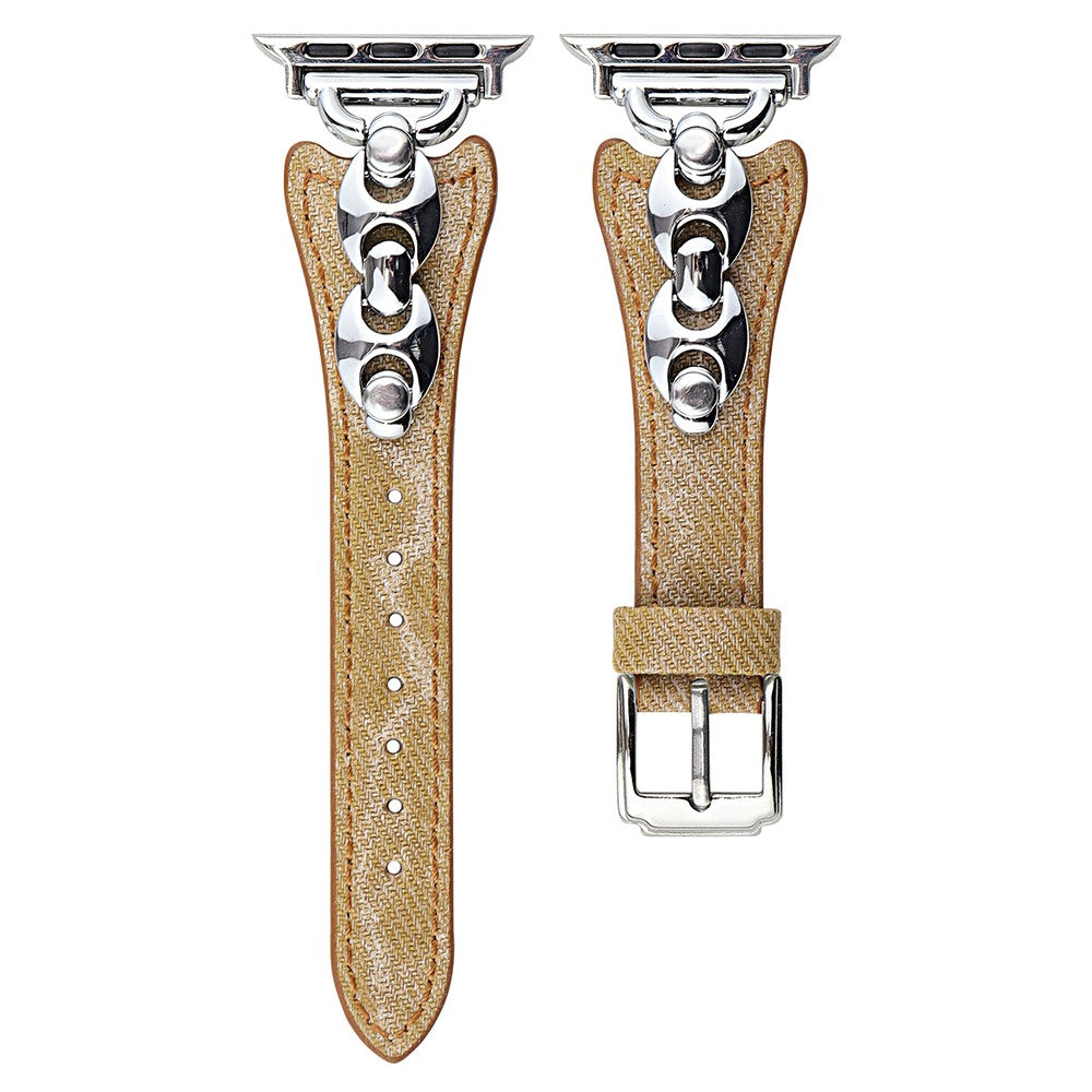 Watch Band Apple Watch Series 10 42mm Metal D-Buckle Denim Leather Strap - Light Brown  /  Silver#serie_4