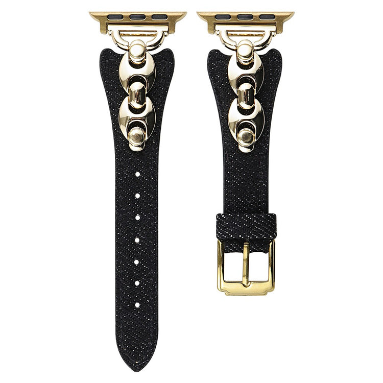 Watch Band Apple Watch Series 10 42mm Metal D-Buckle Denim Leather Strap - Black  /  Gold#serie_5