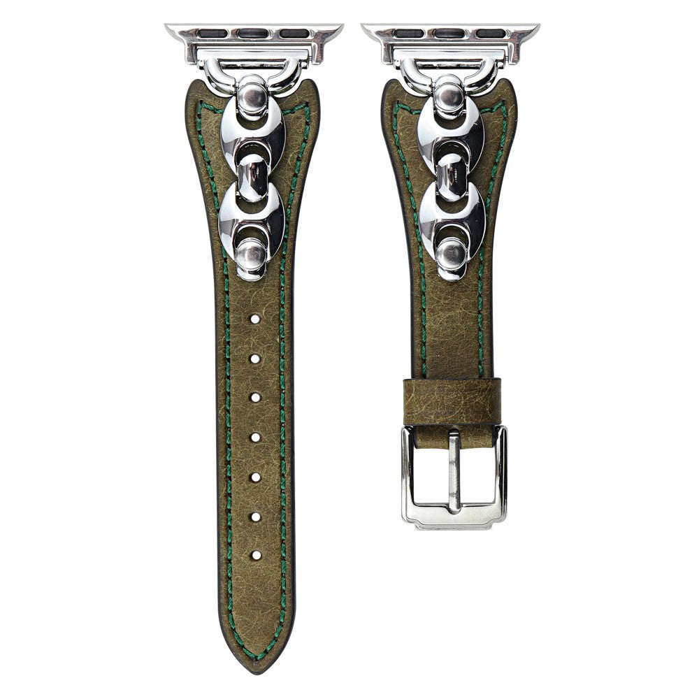 Wrist Strap Apple Watch Series 49mm - 45mm - 44mm - 42mm D Buckle Genuine Cow Leather Band - Green / Silver Buckle#serie_1
