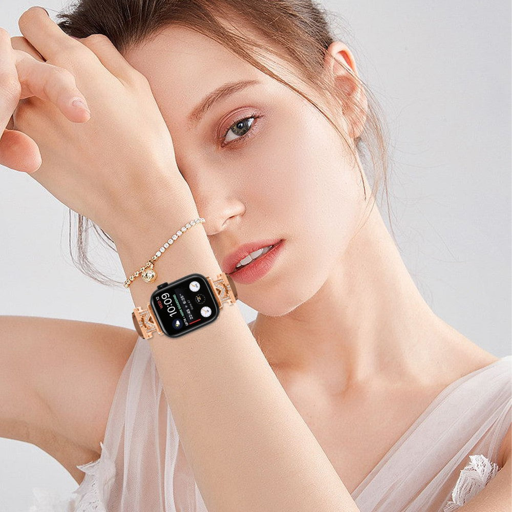 Watch Band Apple Watch Universal 49mm/45mm/42mm Rhinestone M-shape Connector Strap with Rose Gold Buckle - Brown#serie_6