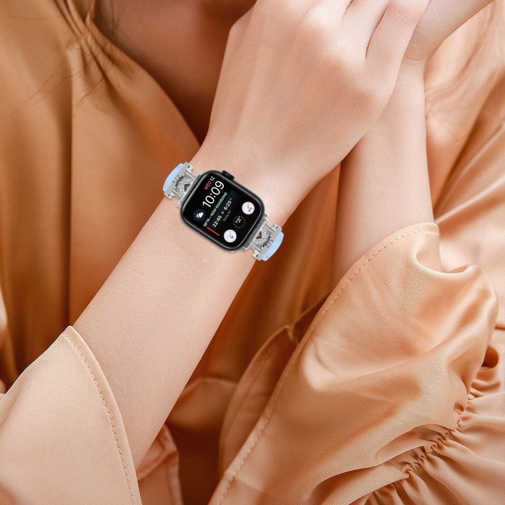 Kønt Kunstlæder Og Rhinsten Universal Rem passer til Apple Smartwatch - Blå#serie_3