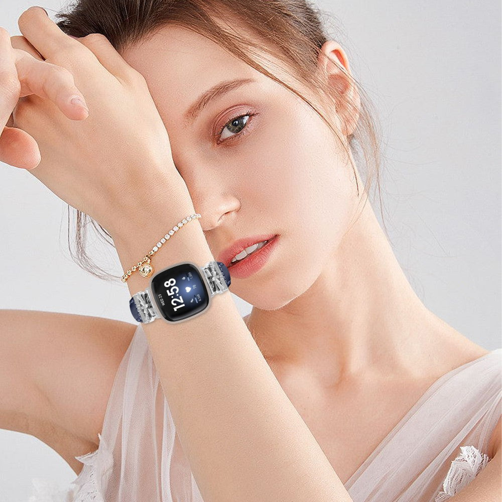 Silver Buckle Watch Strap Fitbit Versa 3 / 4 / Sense / Sense 2 Butterfly Connector Adjustable Band - Dark Blue#serie_5