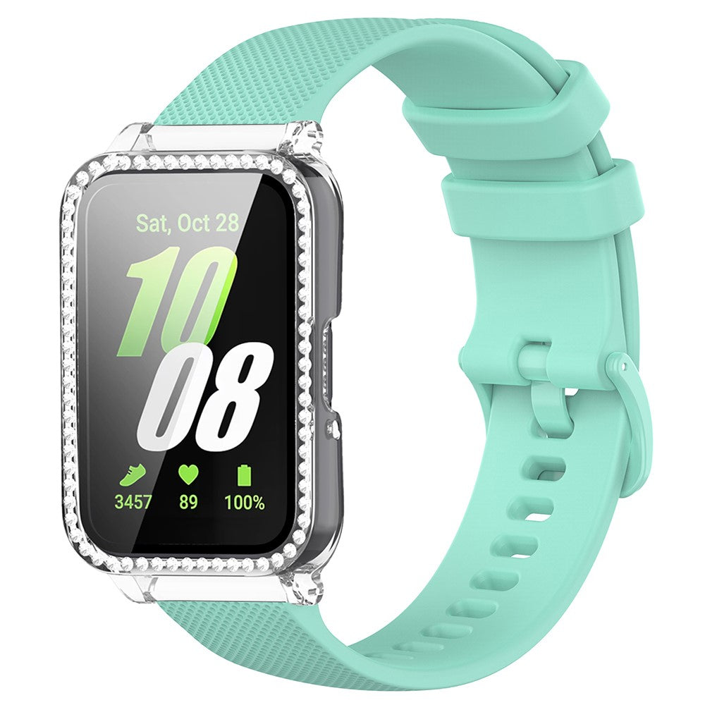 Samsung Galaxy Fit3 Silicone Strap with Rhinestone Decor Watch Case + Screen Protector - Teal Strap+Transparent Case#serie_8