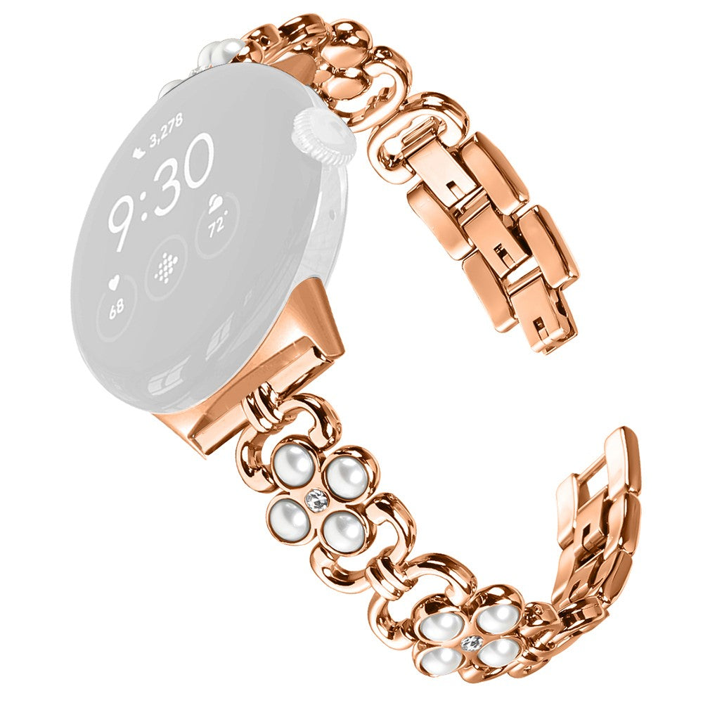 Google Pixel Watchband Pearl Four Leaf Clover Decor Stainless Steel Wristband  - Rose Gold#serie_2