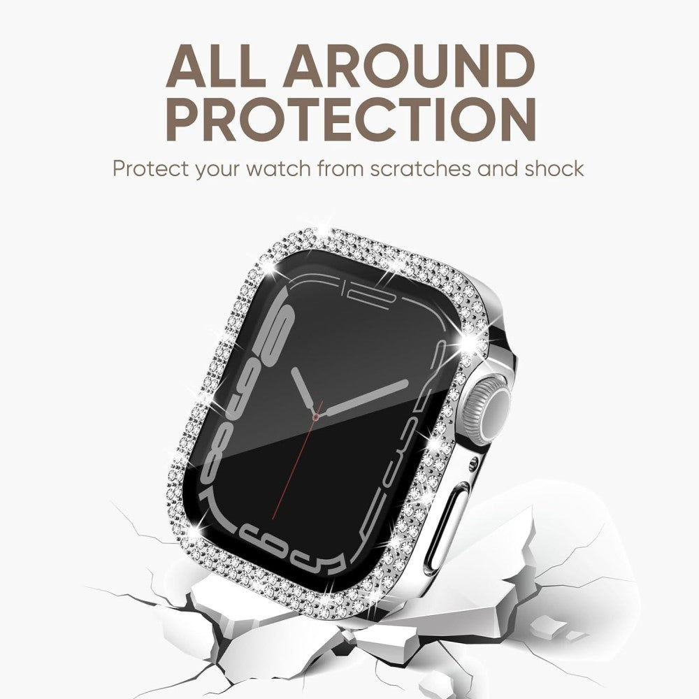 Apple Watch Series 9 / 8 / 7 45mm Watch Case Rhinestone Bump resistant Frame with Anti-spy Tempered Glass Screen Film - Silver#serie_10