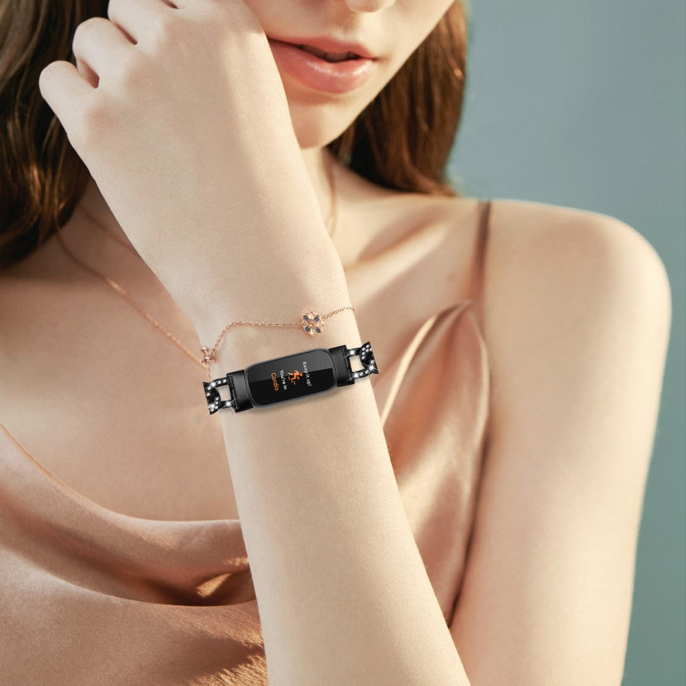 Rigtigt Hårdfør Metal Og Rhinsten Rem passer til Fitbit Luxe - Sort#serie_1
