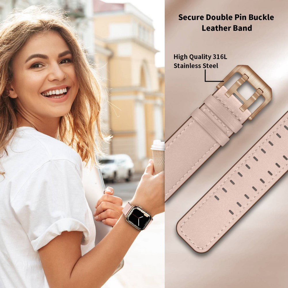 Slidstærk Apple Watch Series 7 45mm Ægte læder Urrem - Pink#serie_4