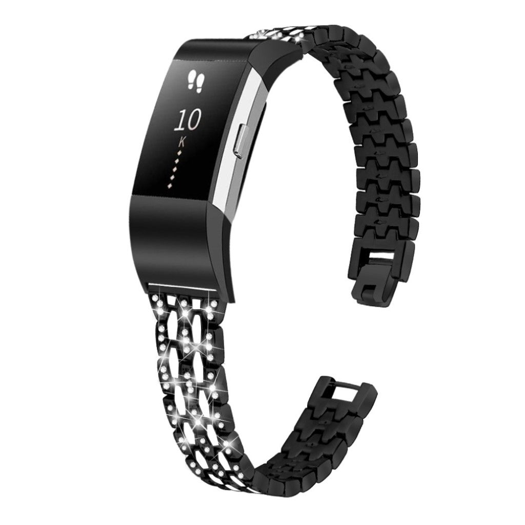 Vildt slidstærk Fitbit Charge 2 Metal og Rhinsten Rem - Sort#serie_1