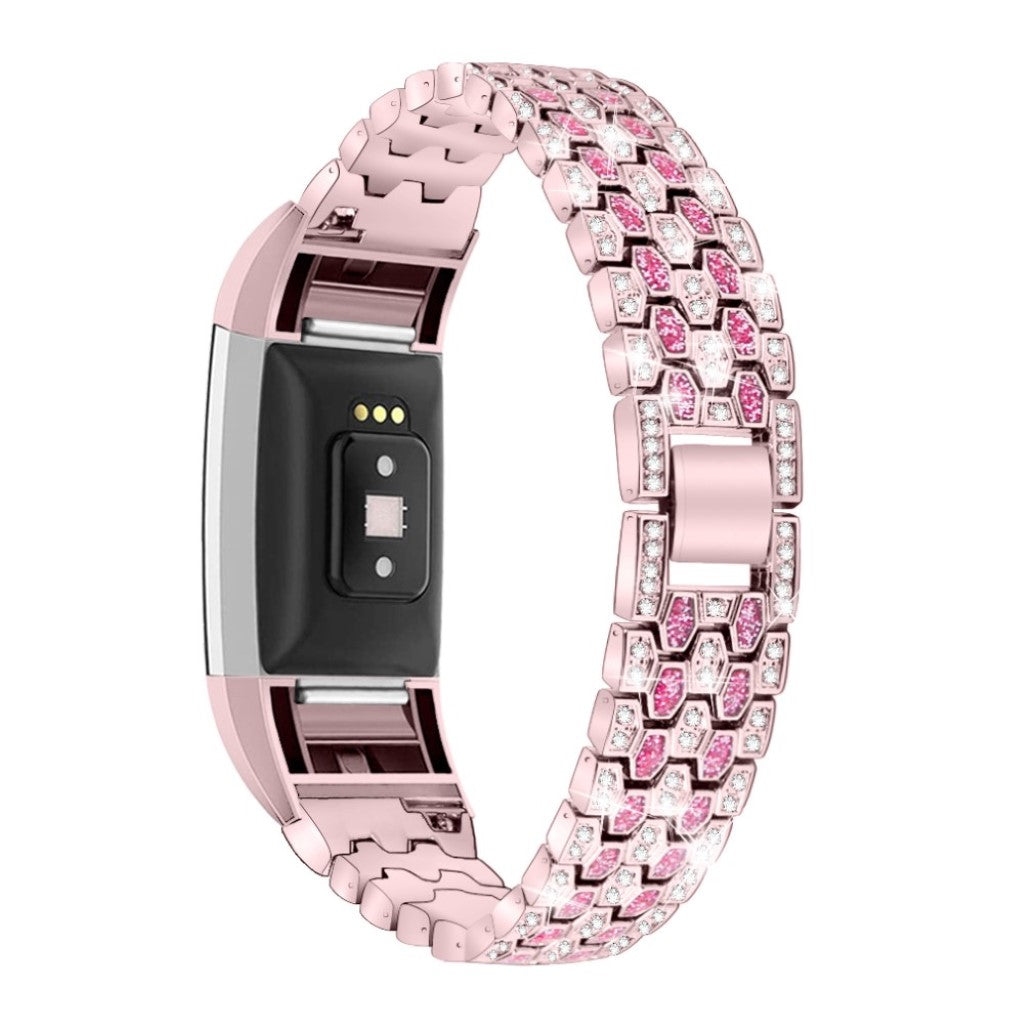 Vildt slidstærk Fitbit Charge 2 Metal og Rhinsten Rem - Pink#serie_3