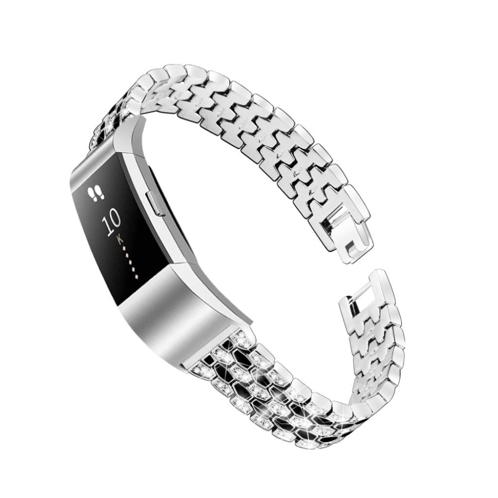 Vildt slidstærk Fitbit Charge 2 Metal og Rhinsten Rem - Sølv#serie_4